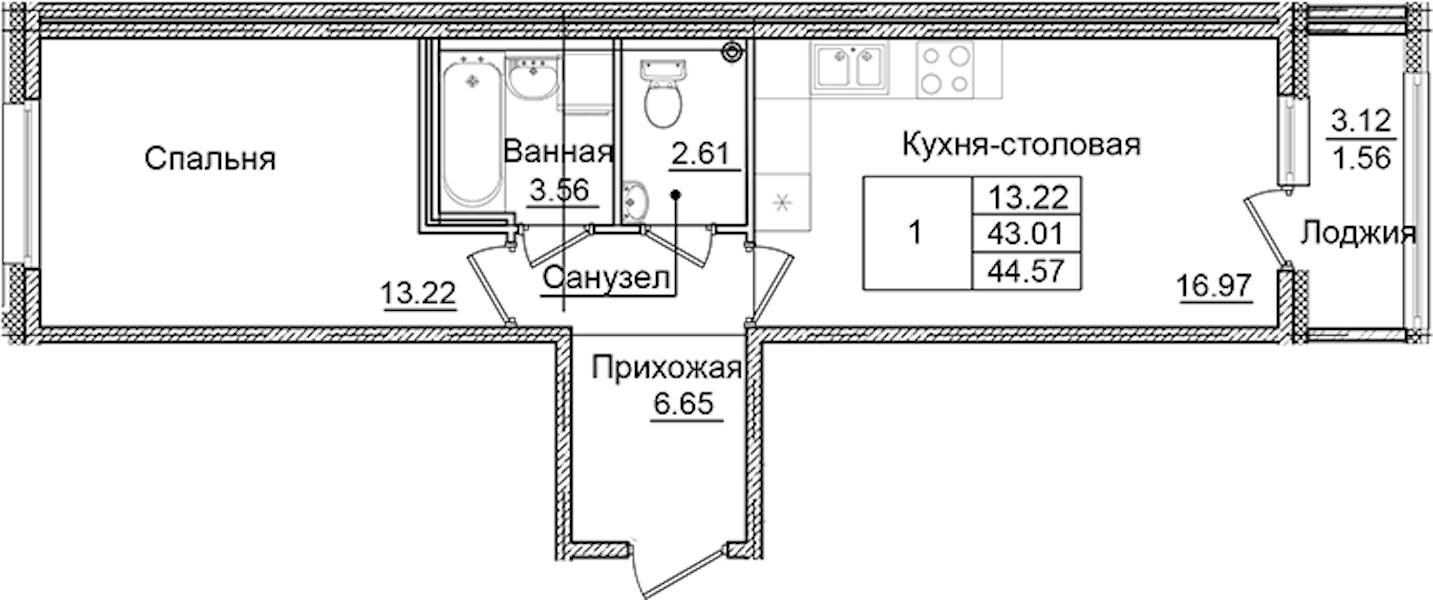 1-комнатная квартира 44.57 м², 2/9 эт., ЖК «Квартал Заречье»